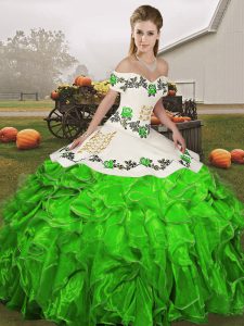 Green Ball Gowns Organza Off The Shoulder Sleeveless Embroidery and Ruffles Floor Length Lace Up Ball Gown Prom Dress