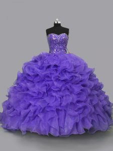 Best Selling Purple Ball Gowns Organza Sweetheart Sleeveless Beading and Ruffles Floor Length Lace Up Sweet 16 Dresses