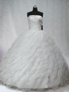 Luxurious White Strapless Lace Up Beading and Ruching Sweet 16 Dress Brush Train Sleeveless