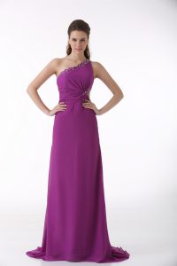 Hot Sale Column/Sheath Sleeveless Fuchsia Prom Dresses Brush Train Backless