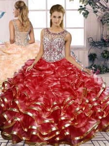 Luxurious Scoop Sleeveless Ball Gown Prom Dress Floor Length Beading and Ruffles Red Organza
