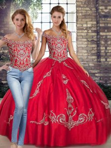Romantic Tulle Off The Shoulder Sleeveless Lace Up Beading and Embroidery Quinceanera Gown in Red