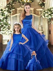 Ideal Royal Blue Tulle Lace Up Scoop Sleeveless Floor Length Sweet 16 Quinceanera Dress Ruffled Layers