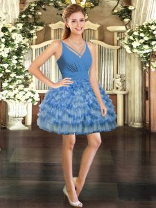 Blue V-neck Backless Ruffled Layers Prom Gown Sleeveless