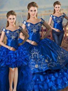 Graceful Royal Blue Ball Gowns Satin and Organza Off The Shoulder Sleeveless Embroidery and Ruffled Layers Floor Length Lace Up 15 Quinceanera Dress