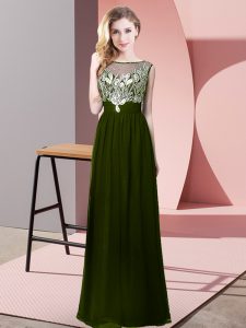 Best Floor Length Olive Green Prom Evening Gown Chiffon Sleeveless Beading
