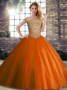 Beading Quinceanera Dresses Orange Red Lace Up Sleeveless Brush Train