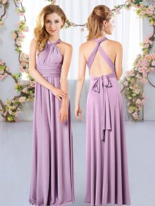Spectacular Floor Length Lavender Dama Dress for Quinceanera Halter Top Sleeveless Criss Cross