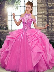 Comfortable Rose Pink Halter Top Lace Up Beading and Ruffles Quinceanera Dresses Sleeveless
