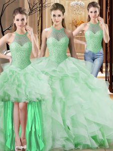 Apple Green Three Pieces Beading and Ruffles Ball Gown Prom Dress Lace Up Organza Sleeveless