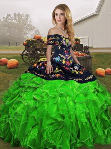 Floor Length Green 15 Quinceanera Dress Organza Sleeveless Embroidery and Ruffles