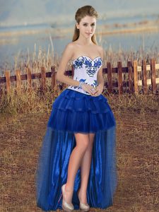 Royal Blue A-line Organza Sweetheart Sleeveless Embroidery and Ruffled Layers High Low Lace Up Dress for Prom