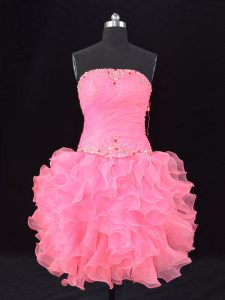 Strapless Sleeveless Organza Prom Dress Beading and Ruching Lace Up