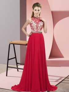 Admirable Red Dress for Prom Prom and Party with Beading Halter Top Sleeveless Brush Train Backless