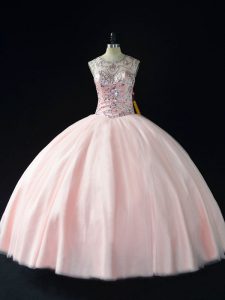 Custom Fit Scoop Sleeveless Tulle Quince Ball Gowns Beading Lace Up