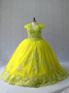 Inexpensive Yellow Green Sleeveless Tulle Court Train Lace Up Quinceanera Gowns for Sweet 16 and Quinceanera