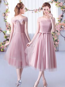 Exceptional Pink Off The Shoulder Lace Up Belt Dama Dress for Quinceanera Sleeveless