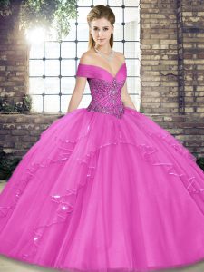 Lilac Lace Up 15 Quinceanera Dress Beading and Ruffles Sleeveless Floor Length