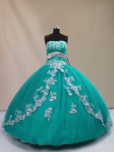 Turquoise Lace Up Strapless Appliques Sweet 16 Quinceanera Dress Tulle Sleeveless