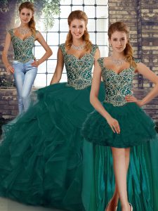 Three Pieces Sweet 16 Dress Peacock Green Straps Tulle Sleeveless Floor Length Lace Up