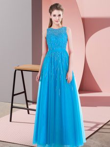 Fabulous Baby Blue Empire Beading Evening Dress Side Zipper Tulle Sleeveless Floor Length