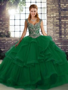 Green Tulle Lace Up Straps Sleeveless Floor Length Sweet 16 Dress Beading and Ruffles