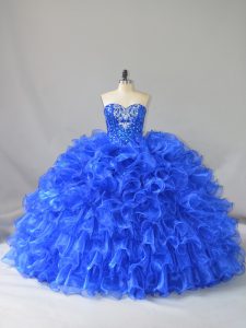 Royal Blue Ball Gowns Sweetheart Sleeveless Organza Floor Length Lace Up Ruffles and Sequins Quince Ball Gowns