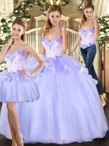 Sleeveless Floor Length Beading Lace Up Quinceanera Dress with Lavender