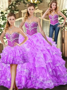 Stunning Sleeveless Organza Floor Length Lace Up Sweet 16 Dresses in Lilac with Beading and Ruffles