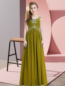 Inexpensive Olive Green Cap Sleeves Chiffon Lace Up Prom Dress for Prom and Party