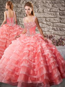Ball Gowns Sleeveless Watermelon Red Ball Gown Prom Dress Court Train Lace Up