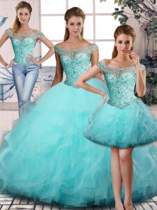 Noble Aqua Blue Sweet 16 Dress Tulle Sleeveless Beading and Ruffles