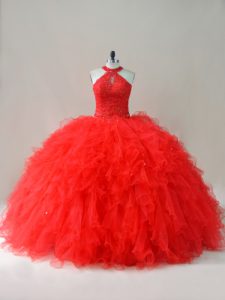 Sexy Red Lace Up Halter Top Beading and Ruffles Sweet 16 Quinceanera Dress Tulle Sleeveless