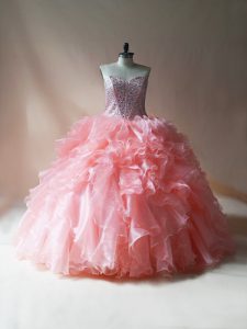 Pretty Floor Length Ball Gowns Sleeveless Pink Quinceanera Gowns Lace Up