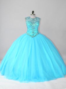Colorful Aqua Blue Lace Up Ball Gown Prom Dress Beading Sleeveless Floor Length