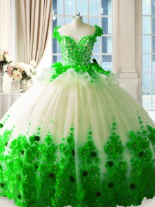 Discount Sleeveless Hand Made Flower Zipper Quince Ball Gowns with Green Brush Train