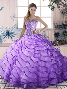 Great Lavender Sleeveless Organza Lace Up Quinceanera Gown for Sweet 16 and Quinceanera