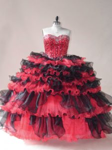 Fashionable Sweetheart Sleeveless Sweet 16 Dress Floor Length Beading and Ruffled Layers Red And Black Organza