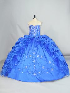 Embroidery and Pick Ups Ball Gown Prom Dress Blue Lace Up Sleeveless Floor Length