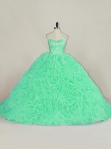 Green 15 Quinceanera Dress Fabric With Rolling Flowers Court Train Sleeveless Beading and Ruffles