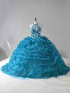 Trendy Teal Quinceanera Dresses Sweet 16 and Quinceanera with Beading and Pick Ups Halter Top Sleeveless Lace Up