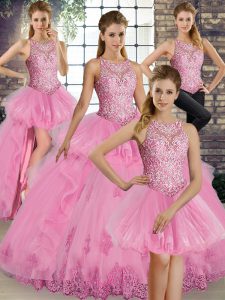 Floor Length Lace Up Sweet 16 Quinceanera Dress Rose Pink for Military Ball and Sweet 16 and Quinceanera with Lace and Embroidery and Ruffles