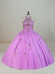 Best Lilac Halter Top Neckline Appliques and Embroidery Vestidos de Quinceanera Sleeveless Lace Up