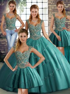 Teal Lace Up Straps Beading and Appliques Sweet 16 Dress Tulle Sleeveless