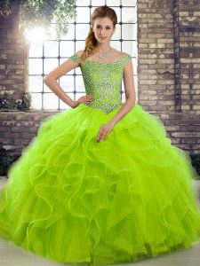 Hot Sale Ball Gowns Tulle Off The Shoulder Sleeveless Beading and Ruffles Lace Up 15 Quinceanera Dress Brush Train