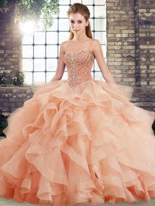 Lovely Sweetheart Sleeveless Tulle Quince Ball Gowns Beading and Ruffles Brush Train Lace Up