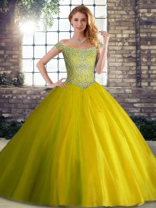 Yellow Green Lace Up Quinceanera Gown Beading Sleeveless Brush Train