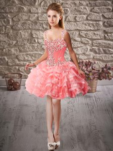 Glorious Watermelon Red Lace Up Prom Dress Beading and Ruffled Layers Sleeveless Mini Length