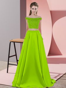 Yellow Green Prom Dresses Off The Shoulder Sleeveless Sweep Train Backless