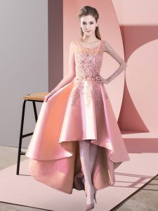 Pretty High Low Peach Dama Dress for Quinceanera Satin Sleeveless Lace